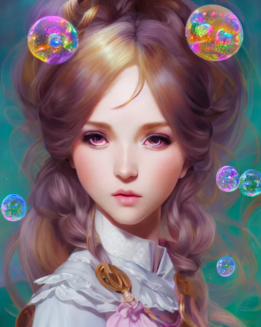 Image similar to portrait of magical lolita girl, dreamy and ethereal, expressive pose, big gold eyes, exciting expression, fantasy, intricate, elegant, many rainbow bubbles, rose tones, highly detailed, anime, artstation, concept art, cyberpunk wearing, smooth, sharp focus, illustration, art by artgerm and greg rutkowskiand alphonse mucha