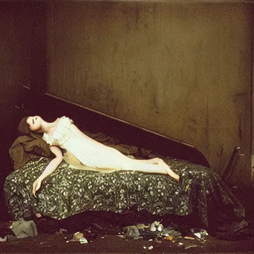 Image similar to “a girl Ophelia by Sir John Everett Millais laying on a dirty mattress covered in filth and garbage in an dark concrete basement room. 35mm film. Cursed image.”