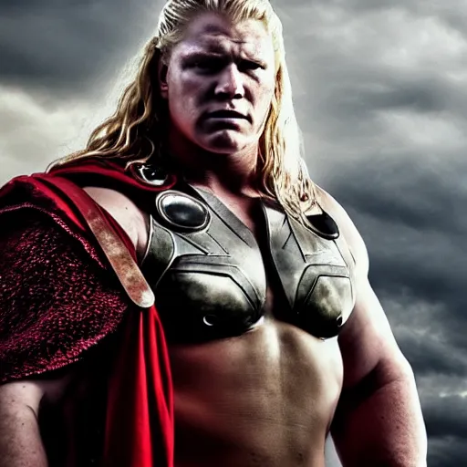Image similar to brock lesnar as thor odinson, artstation hall of fame gallery, editors choice, #1 digital painting of all time, most beautiful image ever created, emotionally evocative, greatest art ever made, lifetime achievement magnum opus masterpiece, the most amazing breathtaking image with the deepest message ever painted, a thing of beauty beyond imagination or words, 4k, highly detailed, cinematic lighting