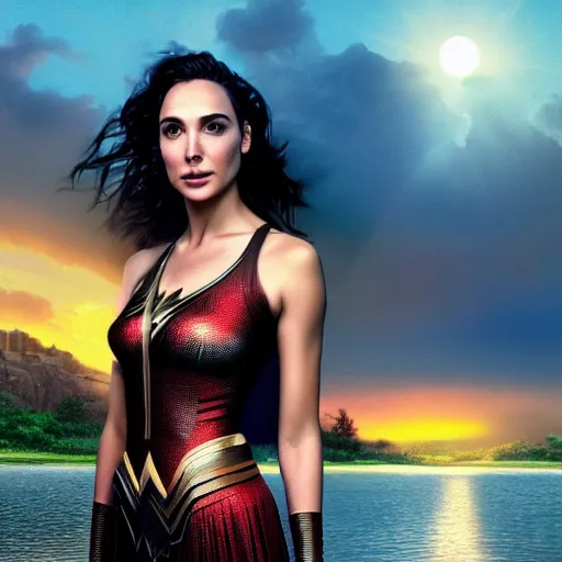 Image similar to Portrait of the beautiful woman Gal Gadot, she is posing, she is walking on a river, she is getting ulluminated by the rays of the sunset, the photo was taking by Steve McCurry, matte painting, oil painting, naturalism, 4k, 8k