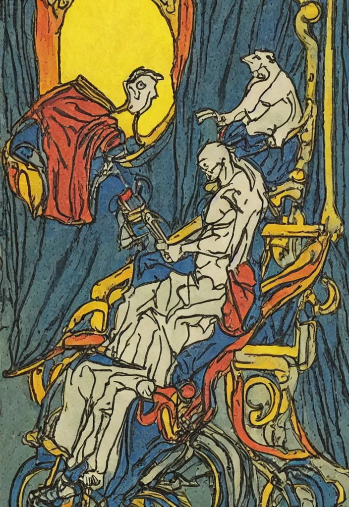 Image similar to Yann LeCun sitting on the throne on a tarot card, illustrated on the Rider–Waite tarot.