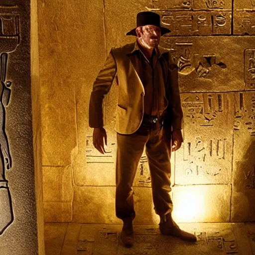 Prompt: indiana jones finds the clockwork workings of a puzzle box in egyptian tomb, perfectly lit.