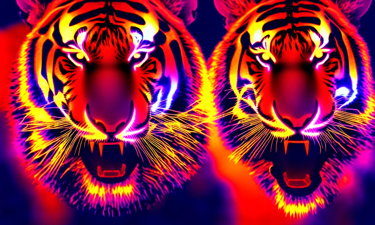 Prompt: neon symmetrical tiger face made of fibre optic cables, motion blured movement, shadow cast of dark mirror ground, volumetric lighting, volume fog, subsurface scattering, dramatic lighting, high detail, from new scifi by digital domain and weta digital, strong ambient occlusion