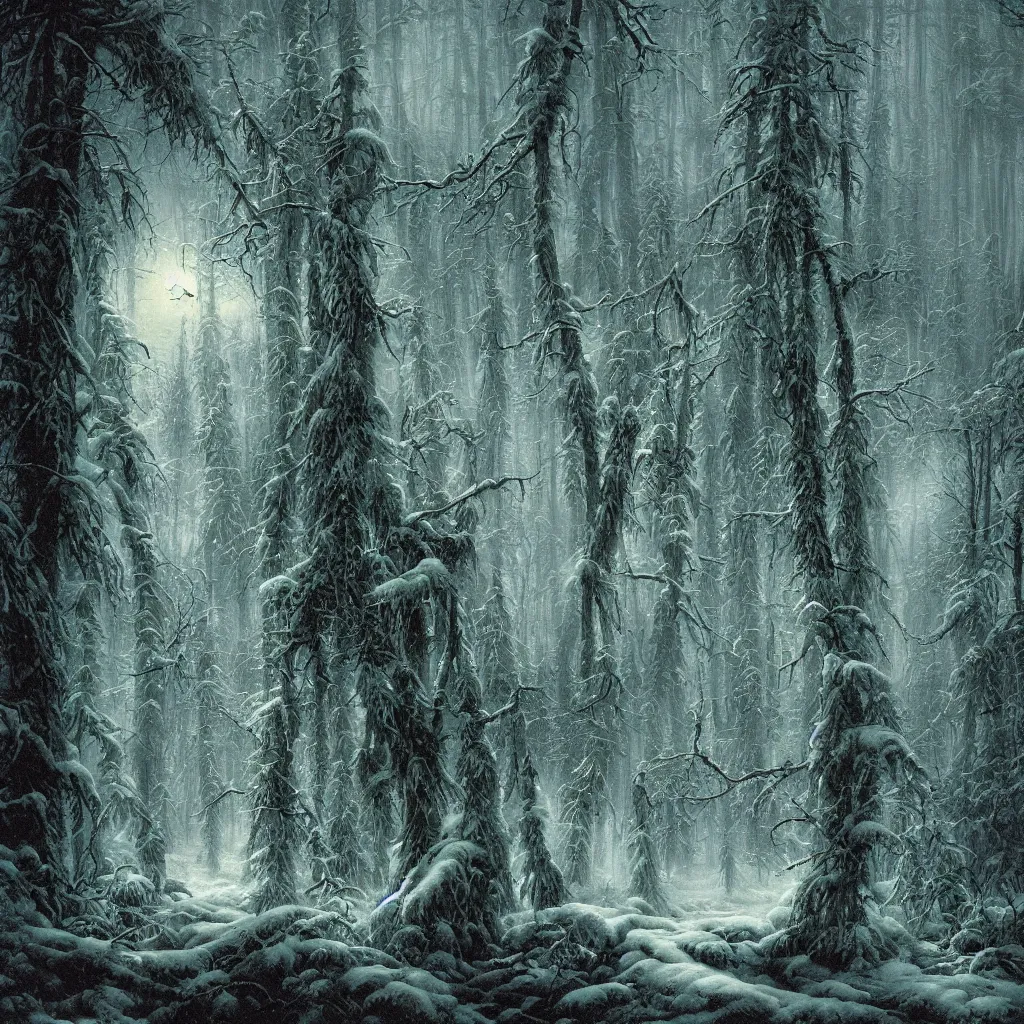 Prompt: a thick and lush haunted northern forest winter night, upward cinematic angle, by rodney matthews, michael kaluta, charles vess and thomas kinkade, haunting eerie low light, stunning composition, intricate, elegant, digital art, hyperdetailed, colorful hyperrealism, sharp depth of field, 8k