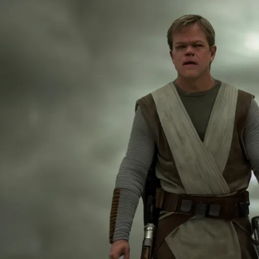 Image similar to matt damon as luke skywalker in star wars episode 6, 8k resolution, full HD, cinematic lighting, award winning, anatomically correct