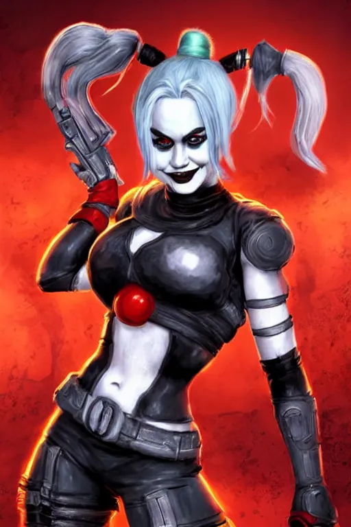 Image similar to an in game portrait of harley quinn from doom eternal, doom eternal art style.