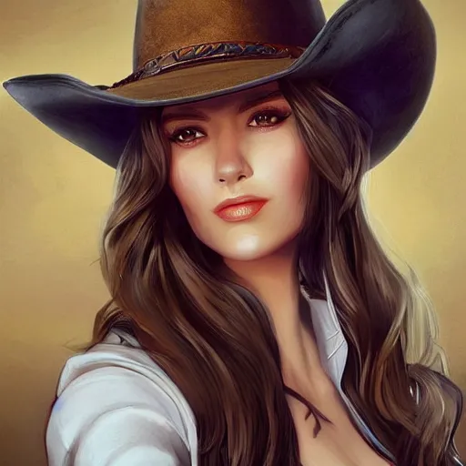 Image similar to portrait of a young woman, long dark hair and an angular face with a scar across the chin. cowboy hat, daring and bold, con - artist and spy, beautiful, rpg, dnd, artgerm