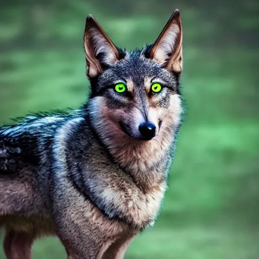 Prompt: winged wolf with glowing green eyes, award winning photograph