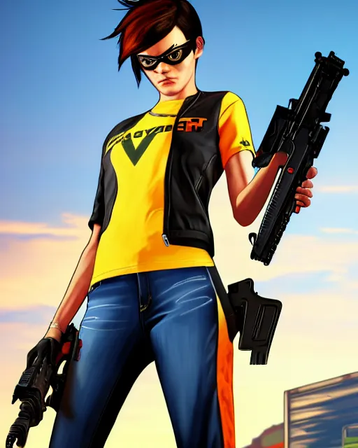 Prompt: gta 5, grand theft auto 5 cover art of tracer from overwatch