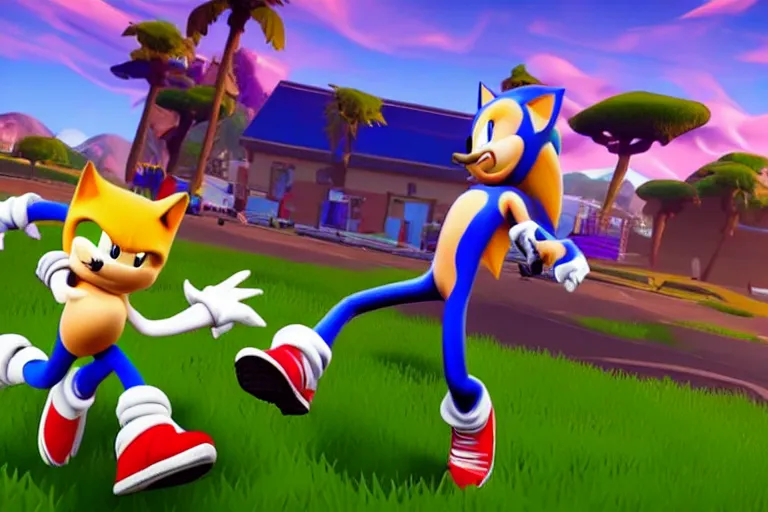 Image similar to sonic dancing in fortnite, gameplay