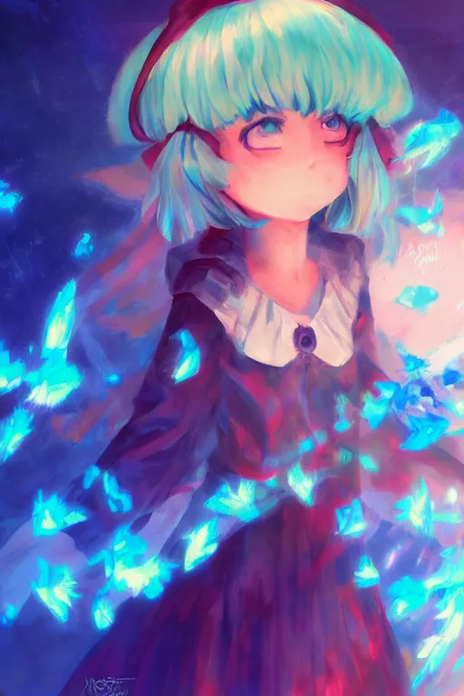 Prompt: cirno from touhou, by ross tran, background by alena aenami, oil on canvas
