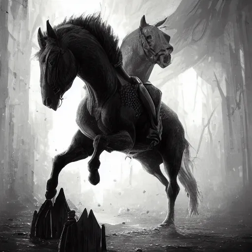 Image similar to a chess piece comes alive, the horse jumps over the wooden chessboard, fantasy art, in the style of greg rutkowski, illustration, epic, fantasy, intricate, hyper detailed, artstation, concept art, smooth, black and white, sharp focus, ray tracing