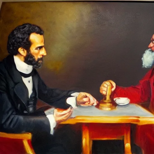 Image similar to oil painting of karl marx and emmanuel macron arm wrestling