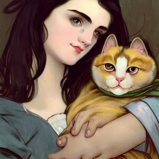 Prompt: cute emo german woman, with long dark hair, thick eyebrows!!! dark eyes and dark circles!, wide nose!!!, big eyes, oval face shape, big cheeks!, she is holding a cat in her arms, by juan villafuerte, greg rutkowski and alphonse mucha, pexels contest winner, high quality photo, hd rtx