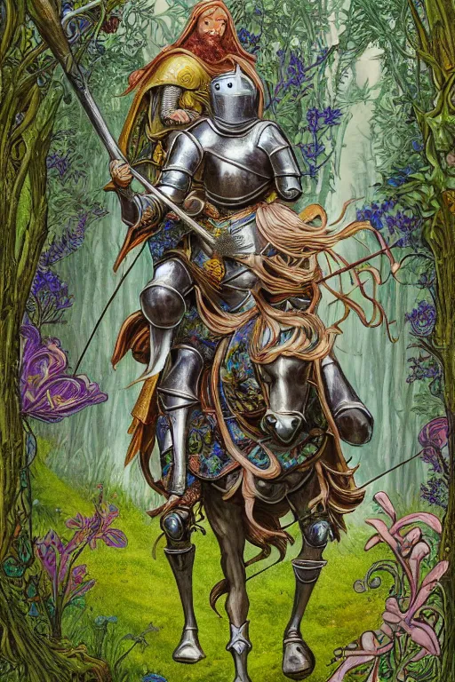 Image similar to medieval knight riding a horse in a magic kingdom overgrown by moss and plants, shiny armor, enchanted forest with fairies, wizards and magic mushrooms in the background, illustrated by james jean, very detailed and colorful and ornamental and floral, comicbook cover