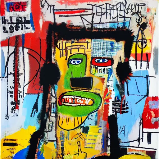 Prompt: mad dog on a chain, collage, acrylic on canvas, expressionism movement, breathtaking detailed, basquiat mixed with blake neubert