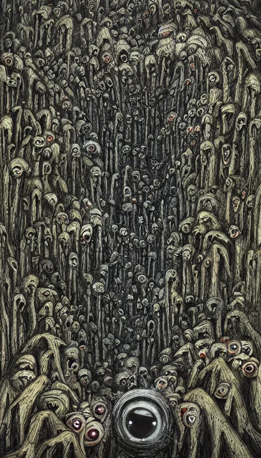 Prompt: a storm vortex made of many demonic eyes and teeth over a forest, by dan witz