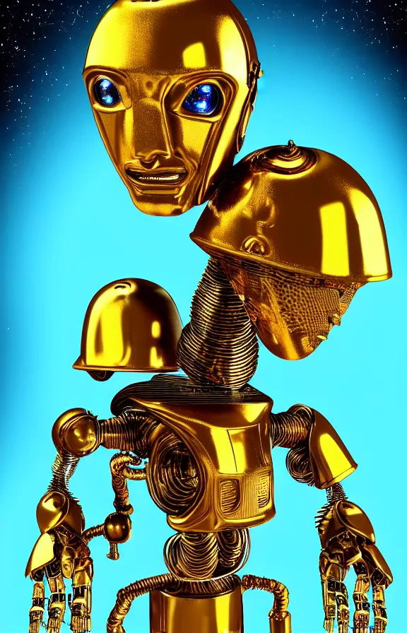 Image similar to portrait of a robot humanoid alien with golden armature, Lionel Messi face and medieval helmet. Galactic iridescent background in the style of Tim white and moebius