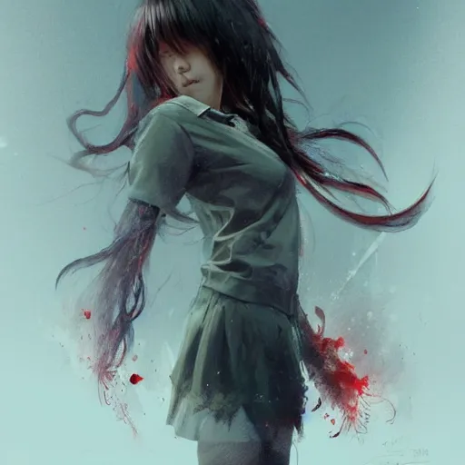 Image similar to full body portrait of a korean schoolgirl with long hair and bangs, her arms are mutating into thin red tedrils, dramatic lighting, illustration by Greg rutkowski, yoji shinkawa, 4k, digital art, sci-fi horror concept art, trending on artstation