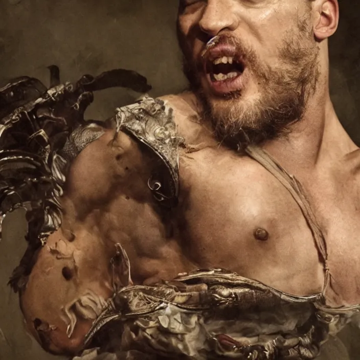 Image similar to professional photographic portrait of tom hardy as machiavel vanquished enemies strewn over the ground, renaissance style, fine art piece, incredible detail, vray rendering, high octane,