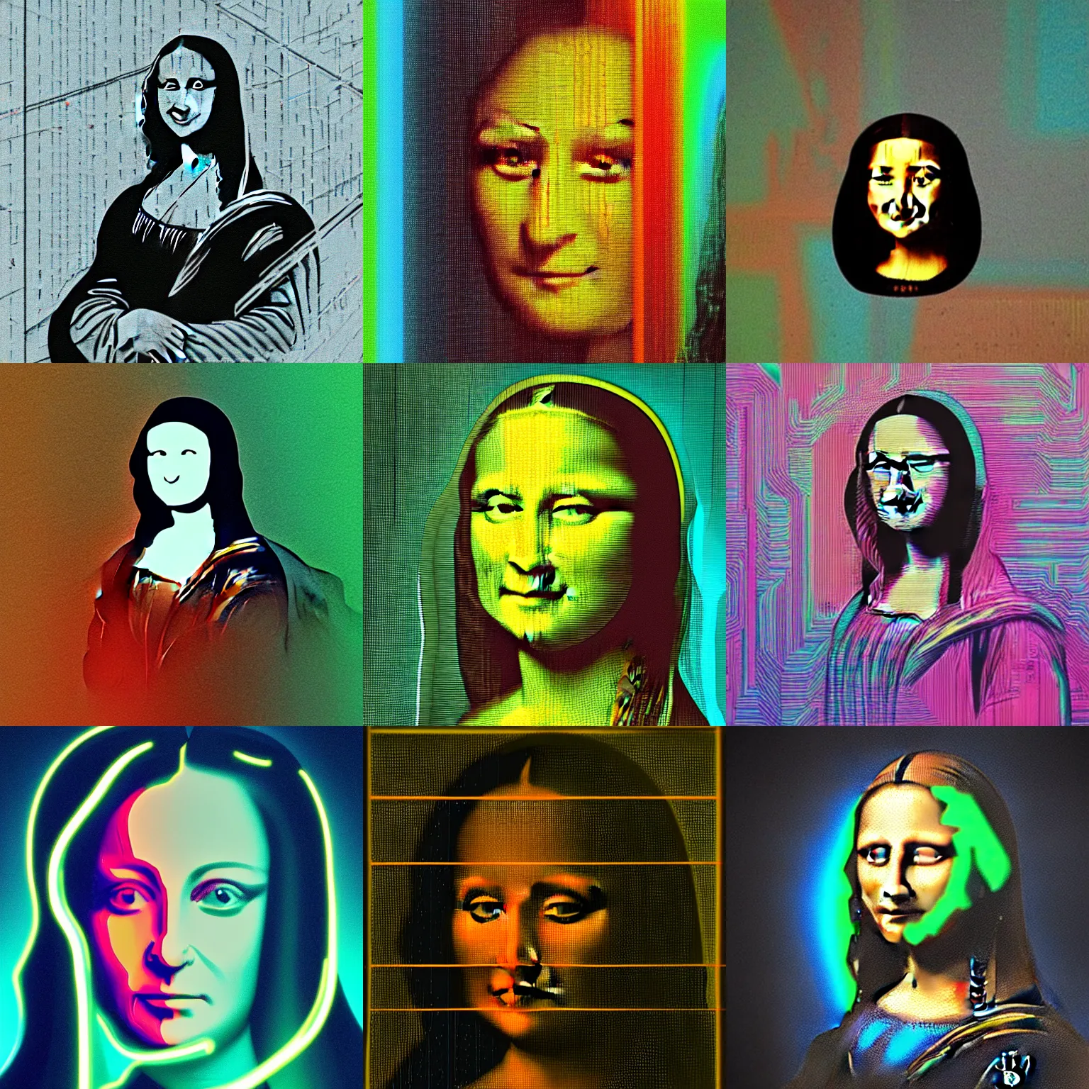 Prompt: minimalistic face contour of mona lisa emerging from a neon heat map of city roads, cyberpunk aerial view concept art.