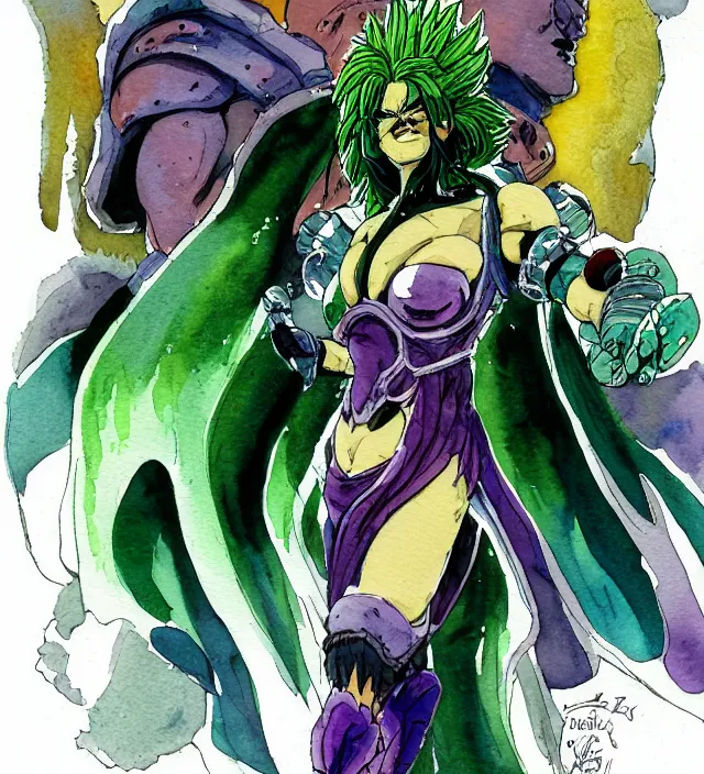 Image similar to a 3 / 4 view watercolor ink painting of broly as a female supervillain in the style of jean giraud in the style of moebius trending on artstation deviantart pinterest detailed realistic hd 8 k high resolution