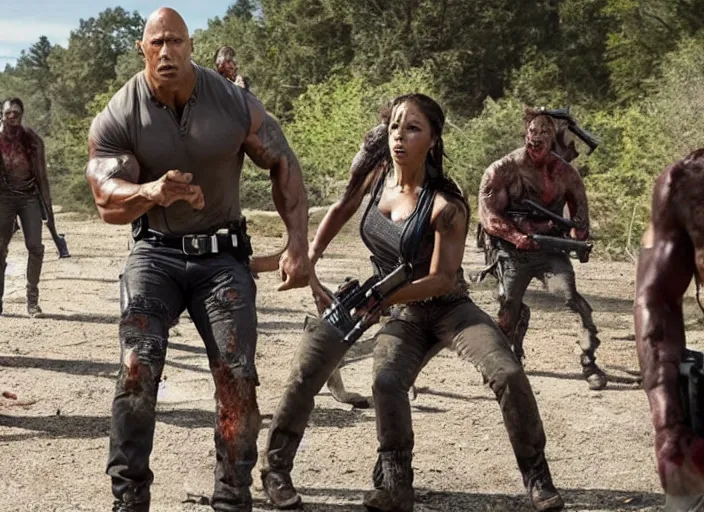 Prompt: film still of dwayne the rock johnson fighting zombies in the new walking dead tv series, 4 k