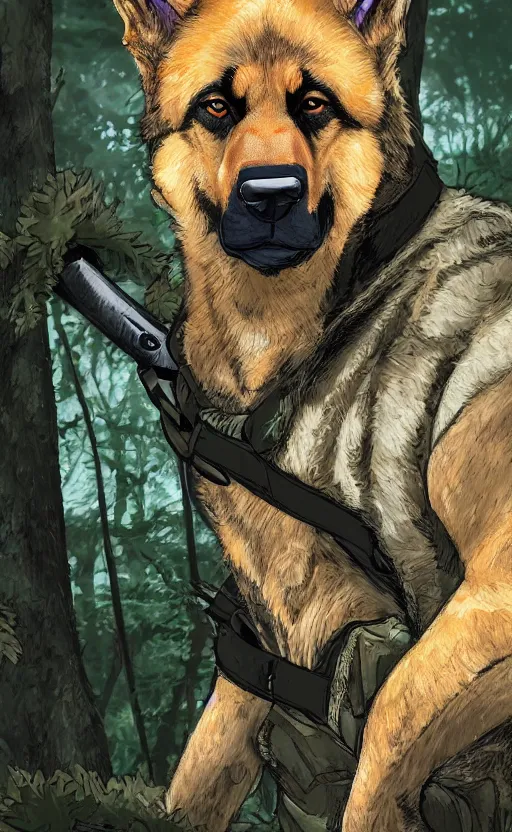 Image similar to close up character portrait icon of the german shepard beast - man military uniform head animal person wearing clothes standing in the bright forest, hidari, color page, tankoban, 4 k, tone mapping, akihiko yoshida