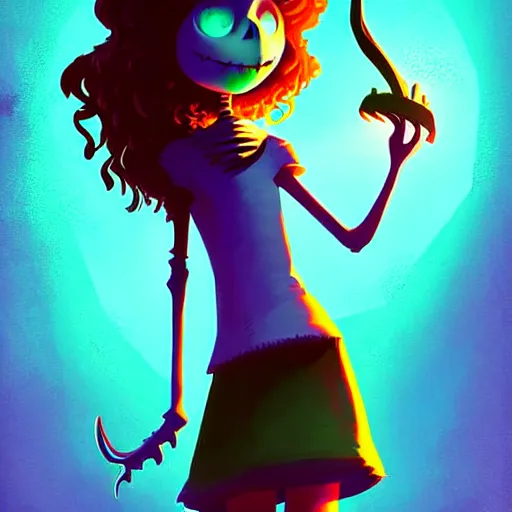 Image similar to curled perspective digital art of curly brown hair irish italian teenage girl with spellbook and wand by anton fadeev from nightmare before christmas
