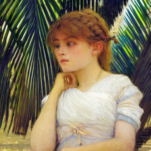 Image similar to a ultradetailed beautiful painting of a girl in the amazonas palace balustrade designed by jules bastien - lepage, hans belmer, frank weston and gustave baumann, beach, trending on artstation, mediterranean, palm trees, detailed face, sharp focus, soft light, 8 k 4 k