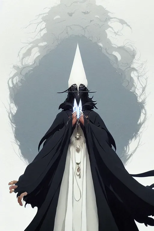 Image similar to raven headed warlock doing magic spells wind, white robes, finely detailed perfect face, exquisite details, mid view, design on a white background, by studio muti, greg rutkowski makoto shinkai takashi takeuchi studio ghibli