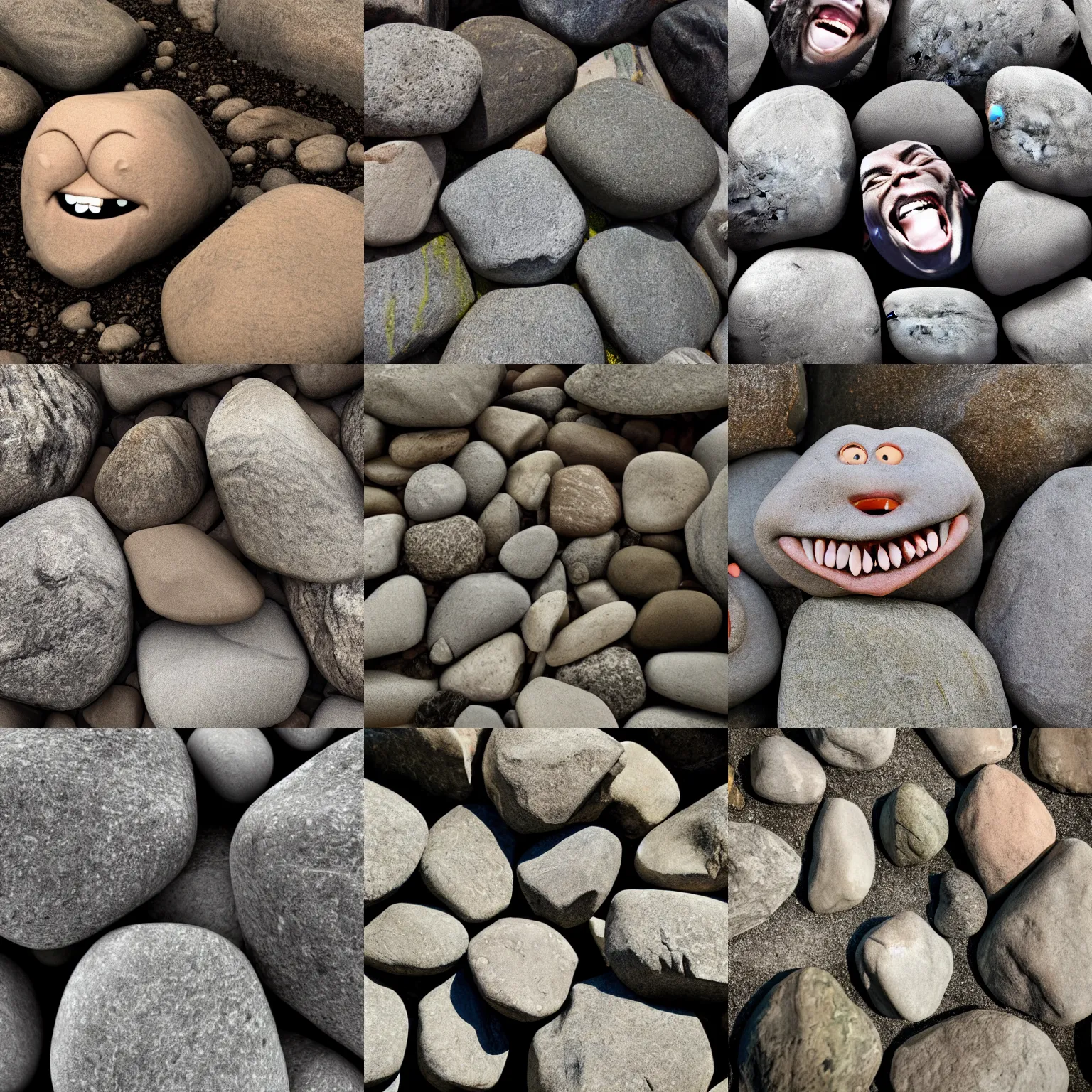 Prompt: photograph of the rocks laughing hysterically at me, laughing rocks, funny and unsettling