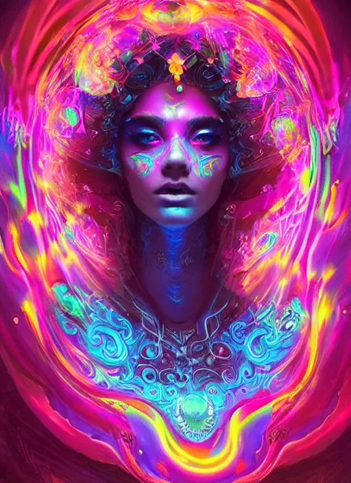 Image similar to psychedelic [ [ [ [ chemiluminescence ] ] ] ] elegant woman chakra spirit with smoke and fluid dynamics, colorful, psychedelic, ornate, intricate, digital painting, concept art, smooth, sharp focus, illustration, blacklight reacting, art by artgerm and greg rutkowski