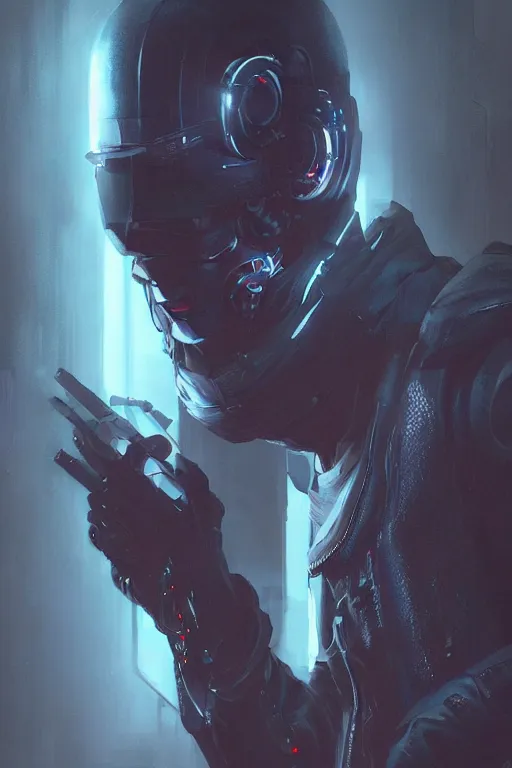 Image similar to cyberpunk man with face tech, dim ambient lighting, dark shadows, highly detailed, 8k, rim lighting, digital painting, artstation ,octane render, lazers, fog, concept art, sharp focus, illustration, art by artgerm and greg rutkowski