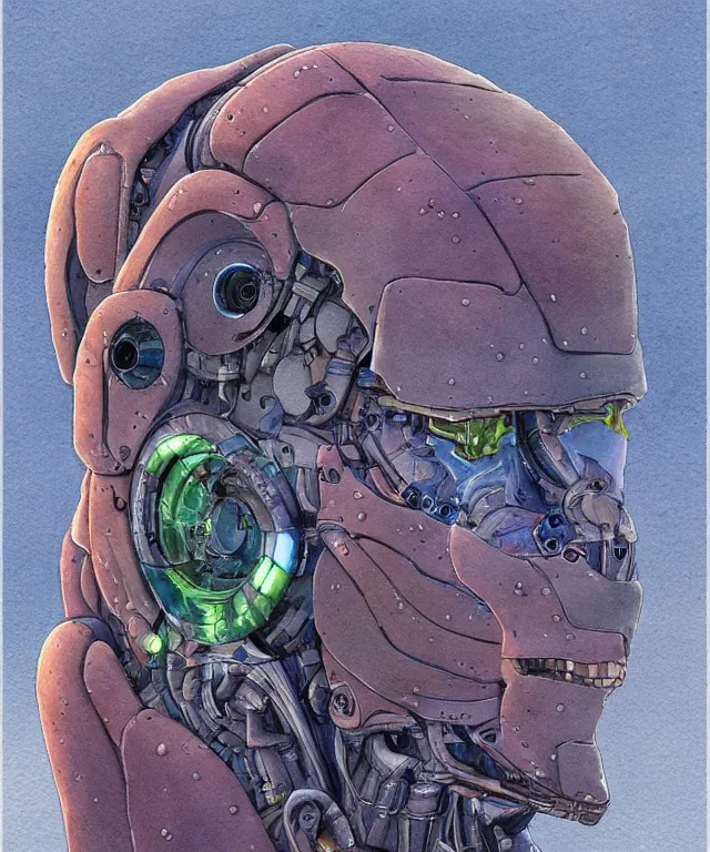 Image similar to a watercolor painting character portrait of a humanoid robotic machine mutant in the style of jean giraud in the style of moebius trending on artstation deviantart pinterest detailed realistic hd 8 k high resolution