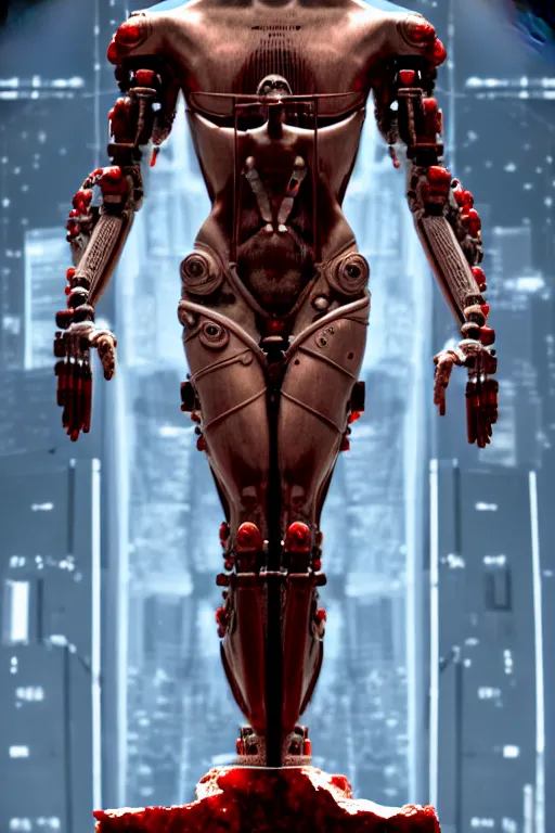 Prompt: a statue jesus on cross made of red marble, perfect symmetrical body, full body shot, white biomechanical, wearing epic bionic cyborg implants, space station, masterpiece, intricate, biopunk, vogue, highly detailed, artstation, concept art, background galaxy, cyberpunk, octane render