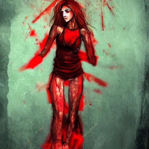 Image similar to detailed half body digital art for a game of a beautiful woman wearing ragged and ruined clothes merged with mushrooms. the background is pure red. dramatic camera angle