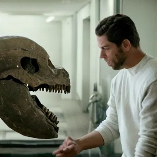 Prompt: ariana grande holding an ancient dinosaur skull in the movie interstellar