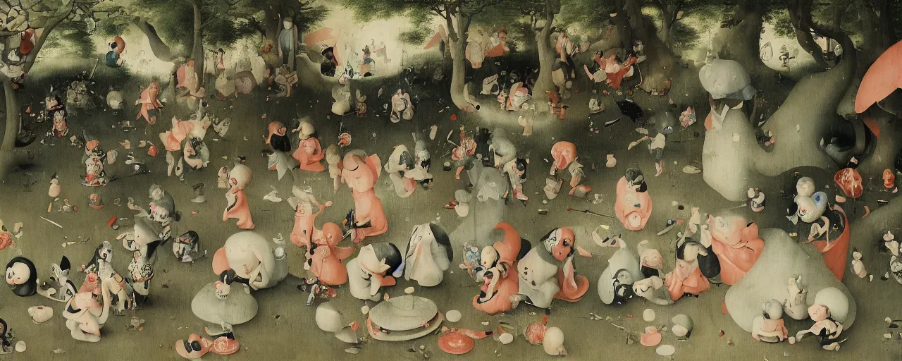 Prompt: Porcelain Children playing in a Japanese Garden by Hieronymus Bosch and James Jean, Ross Tran, HD, very cohesive, symmetry, conjuring psychedelic, hypermaximalist, 8k, surreal oil painting, highly detailed, dream like, masterpiece