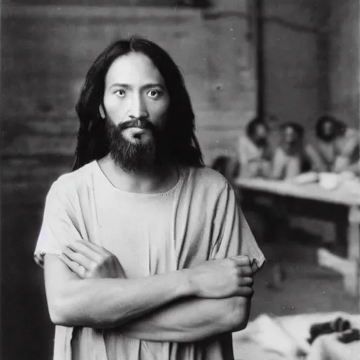 Prompt: studio photo of jesus in a chinese sweat shop, studio portrait