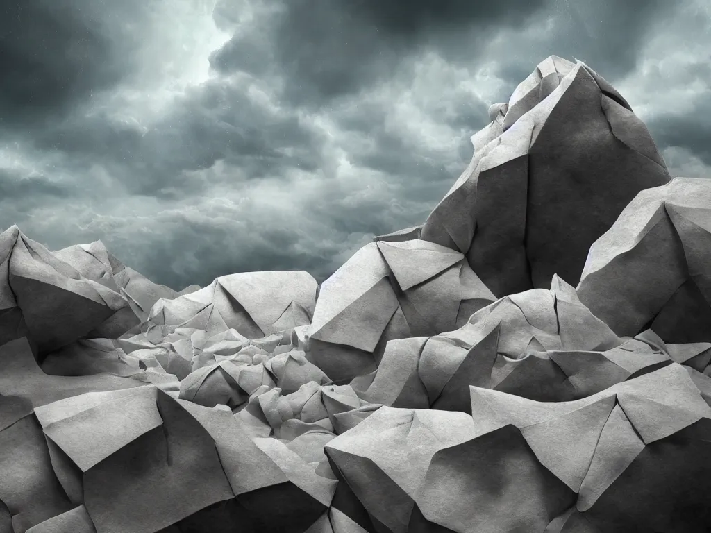 Prompt: photo of a origami rocky hill, in the middle of a storm. realistic origami clouds. impressive, magical, very atmospheric, cinematic, stunning, masterpiece, romantic, trending in artstation, very detailed. 4 k