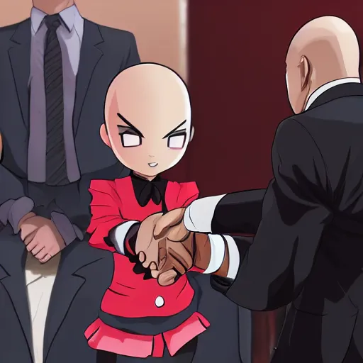 Prompt: agent 47 shaking hands with a kawaii anime girl, incredibly detailed