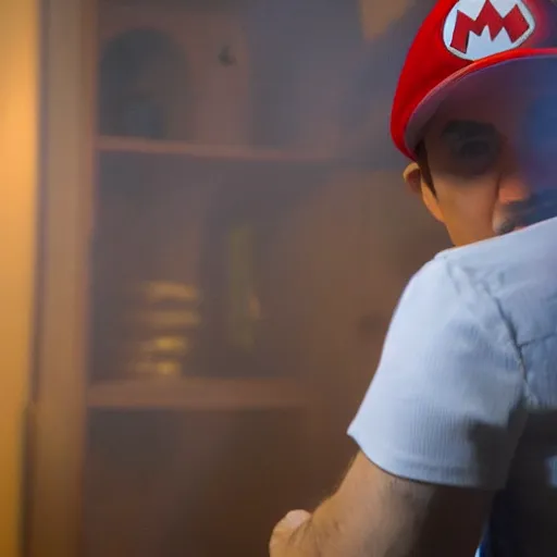 Image similar to mario trying to escape a room filling with smoke