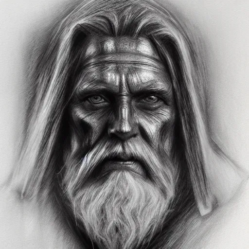 Image similar to Odin, charcoal portrait, artstation, fine-detailed