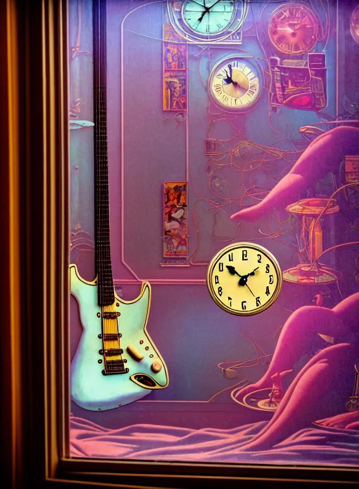 Image similar to telephoto 7 0 mm f / 2. 8 iso 2 0 0 photograph depicting the feeling of chrysalism in a cosy safe cluttered french sci - fi art nouveau cyberpunk apartment in a pastel dreamstate art cinema style. ( electric guitar ) ( ( fish tank ) ) ( ( clock ) ), ambient light.