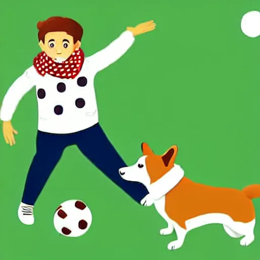 Image similar to illustration of french boy playing football with a corgi wearing a polka dot scarf in paris