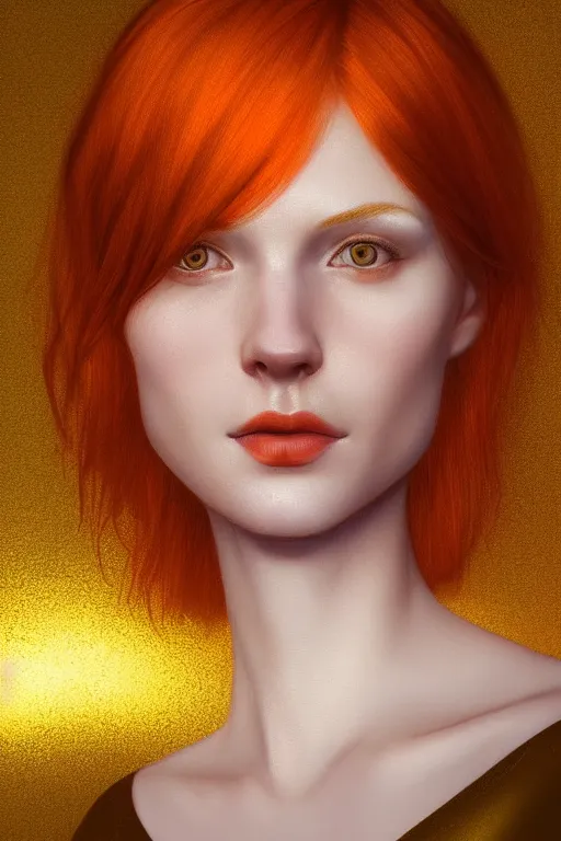 Prompt: Portrait of a beautiful pale skin Nordic female with short orange hair, elegant, photorealistic, highly detailed, artstation, smooth, sharp focus, gold ornaments, neon lighting, sci-fi, art by Klimt.