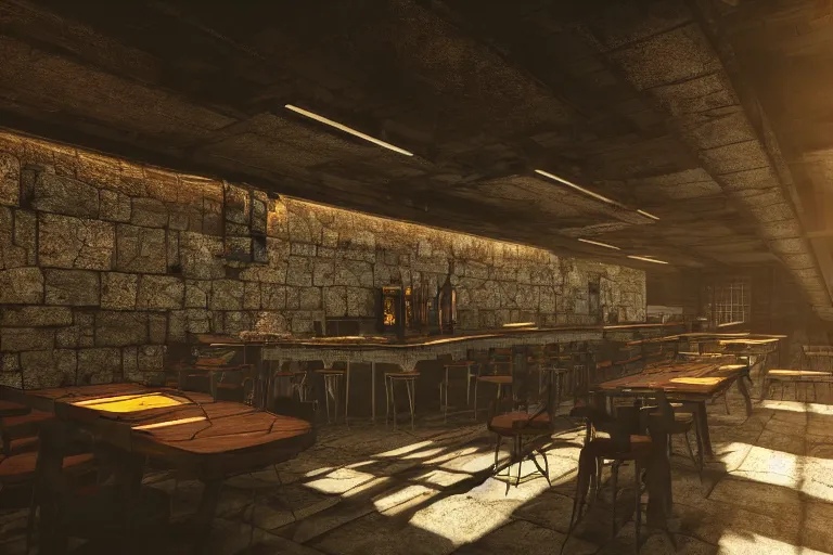 Image similar to ultra mega super hyper realistic Digital concept interior design of cyberpunk tavern with stone walls and neon lights. Natural white sunlight from the transperient roof. Rendered in VRAY and DaVinci Resolve and MAXWELL and LUMION 3D, Volumetric natural light