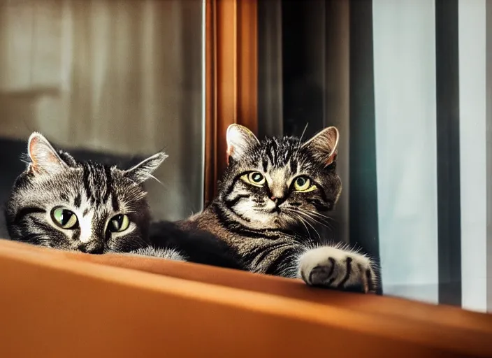 Image similar to photography of a Cat . watching outside the window. on a bed. in a 70's room full of vinyls and posters, photorealistic, award winning photo, 100mm, sharp, high res