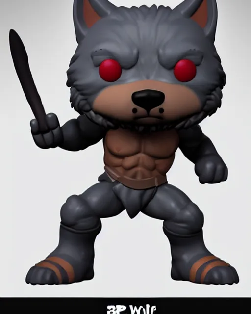 Image similar to full body 3 d render of warrior bara wolf as a funko pop!, studio lighting, grey background, no shadow, blender, trending on artstation, 8 k, highly detailed